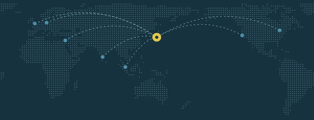 米国・カナダ・英国・ドイツ・イスラエル・インド・シンガポールから東京へ線が集まる世界地図